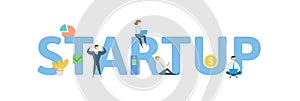 STARTUP word concept banner. Concept with people, letters, and icons. Flat vector illustration. Isolated on white