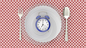 Starvation, diet concept. Food restriction and control eating. Empty plate vs alarm clock. 3d rendering