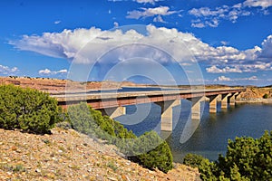 Starvation State Park Reservoir Late Summer early Fall panorama of lake around bridge with rain clouds near Duchesne on US Highway photo