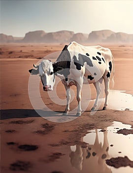 A Starving Cow in the Dry Cracked Earth. AI Generated
