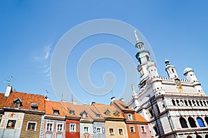 Stary Rynek old market square colorful buildings and town hall in Poznan, Poland