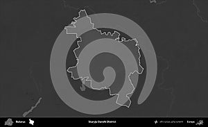 Staryja Darohi District highlighted, Belarus. Grayscale