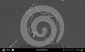 Staryja Darohi District outlined, Belarus. Grayscale