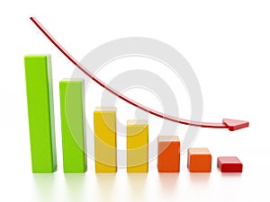 Stat bars and falling arrow showing a downward trend. 3D illustration