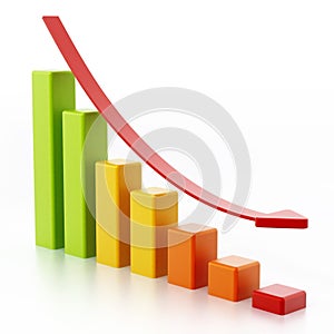 Stat bars and falling arrow showing a downward trend. 3D illustration