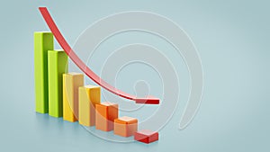 Stat bars and falling arrow showing a downward trend. 3D illustration