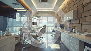 A state-of-the-art dental clinic office with panoramic forest views providing a serene atmosphere.