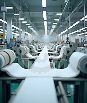 State-of-the-art factory floor with an assembly line, specialized machinery, and a streamlined production process photo