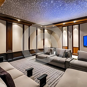 A state-of-the-art home theater with plush seating, a large screen, and surround sound1, Generative AI photo