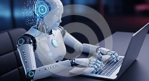 Advanced humanoid robot engaged in computer work with futuristic blue digital interface