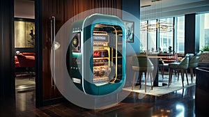 A state-of-the-art jukebox in an executive lounge, featuring playlists that boost productivity and relaxation