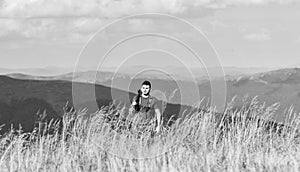 State border guard service. Man with weapon military clothes in field nature background. Army forces. Protecting borders