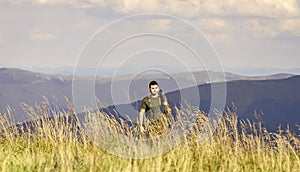 State border guard service. Man with weapon military clothes in field nature background. Army forces. Protecting borders