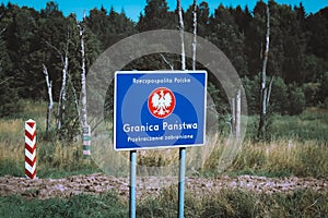 State border of the Republic of Poland, crossing forbidden - Polish road sign at the border with Russia Kaliningrad Oblast