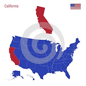 The State of California is Highlighted in Red. Vector Map of the United States Divided into Separate States. photo