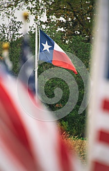 The state flag of Texas waving in the wind on flagpole