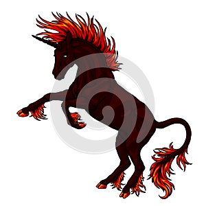 State full dark red fire unicorn on white
