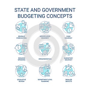 State and government budgeting turquoise concept icons set