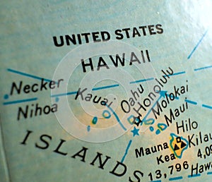 State of Hawaii map USA focus macro shot on globe for travel blogs, social media, web banners and backgrounds.