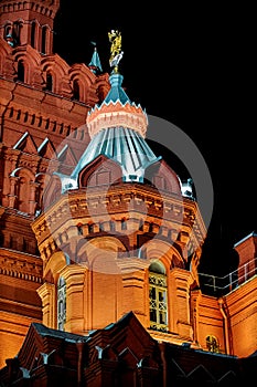 State Historical Museum building fragment on Red Square in Moscow at night