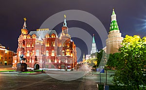 State Historical Museum and Moscow Kremlin towers at night, Russia