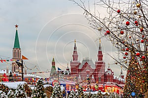 State Historical Museum on Red Square in Moscow decorated for New Year and Christmas holidays, Russia