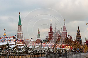 State Historical Museum on Red Square in Moscow decorated for New Year and Christmas holidays, Russia