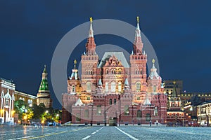 State Historical Museum on Red Square at night, Moscow, Russia