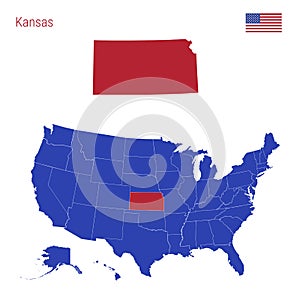 The State of Kansas is Highlighted in Red. Vector Map of the United States Divided into Separate States. photo