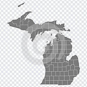 State Michigan map on transparent background. Blank map of  Michigan with  regions in gray