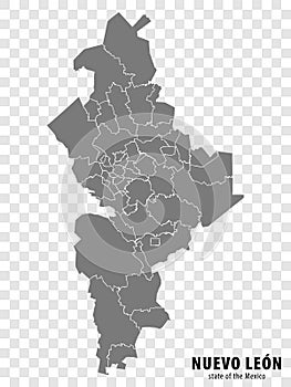 State Nuevo Leon of Mexico map on transparent background. Blank map of  Nuevo Leon with  regions in gray for your web site design,
