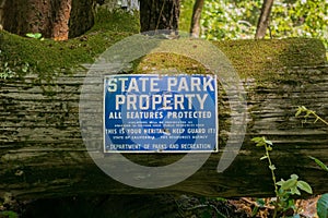 State Park Property sign in a redwood forest, California