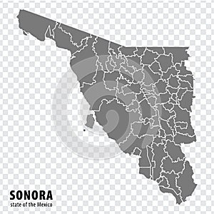 State Sonora of Mexico map on transparent background. Blank map of  Sonora with  regions in gray for your web site design, logo, a