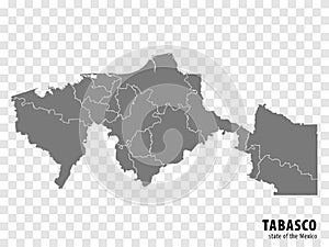 State Tabasco of Mexico map on transparent background. Blank map of  Tabasco with  regions in gray for your web site design, logo,