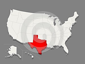 The state of Texas is highlighted in red USA map