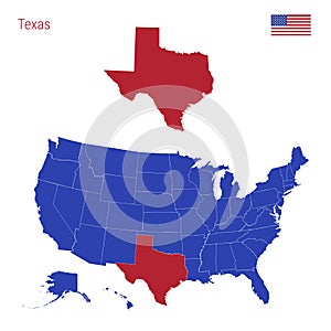 The State of Texas is Highlighted in Red. Vector Map of the United States Divided into Separate States. photo