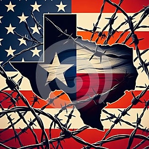 State of Texas with razor wire on american flag background. Border crisis concept