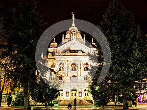 State theater in Kosice, Slovakia, night photo, yellow filter