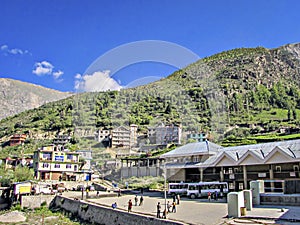 State transport bus stand at a hilly station Keylong on Manali-Leh route