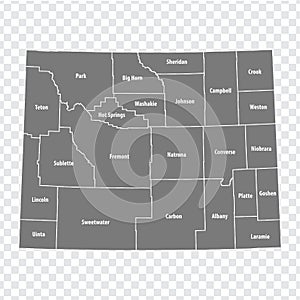 State Wyoming map. Wyoming map with twenty three counties  in gray for your design. Every single map of counties are listed  with