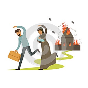 Stateless refugee family escaping from war vector Illustration