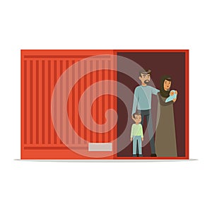 Stateless refugee family standing in cargo container, illegal migration, war victims concept vector Illustration