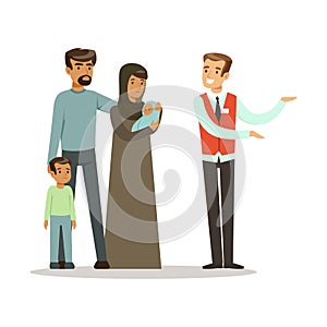 Stateless refugee family talking with volunteer doing a welcome gesture, war victims concept vector Illustration