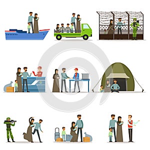 Stateless refugees set. Illigal immigrants and war victims vector illustrations