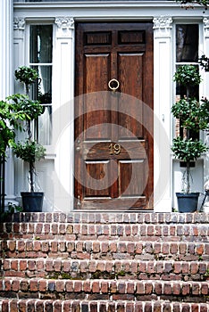 Stately wooden door with topiary on each side and brick stairs in Charleston, South Carolina.