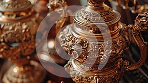 A statement centerpiece of intricately carved samovars traditionally used for heating water and brewing tea