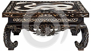 A statement piece of furniture such as a coffee table or sideboard is adorned with handcarved dragon motifs and adorned