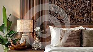 A statement piece in the room is a beautifully crafted wooden wall feature showcasing the natural beauty of the exotic