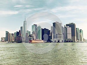 Staten island ferry with Lower Manhattan background