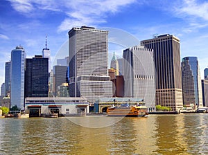 Staten island ferry with Lower Manhattan background